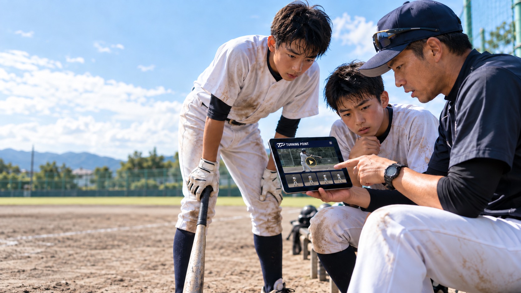 コーチと子どもたちがタブレットの野球動画を見て確認(利用イメージ)