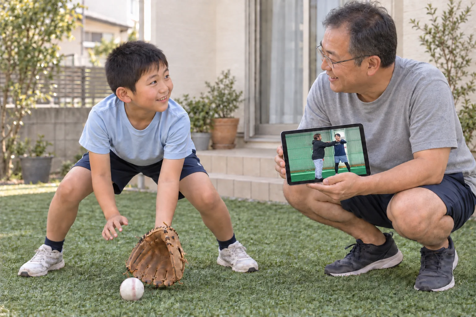 父親と息子が庭でTP動画を確かめる(利用イメージ)