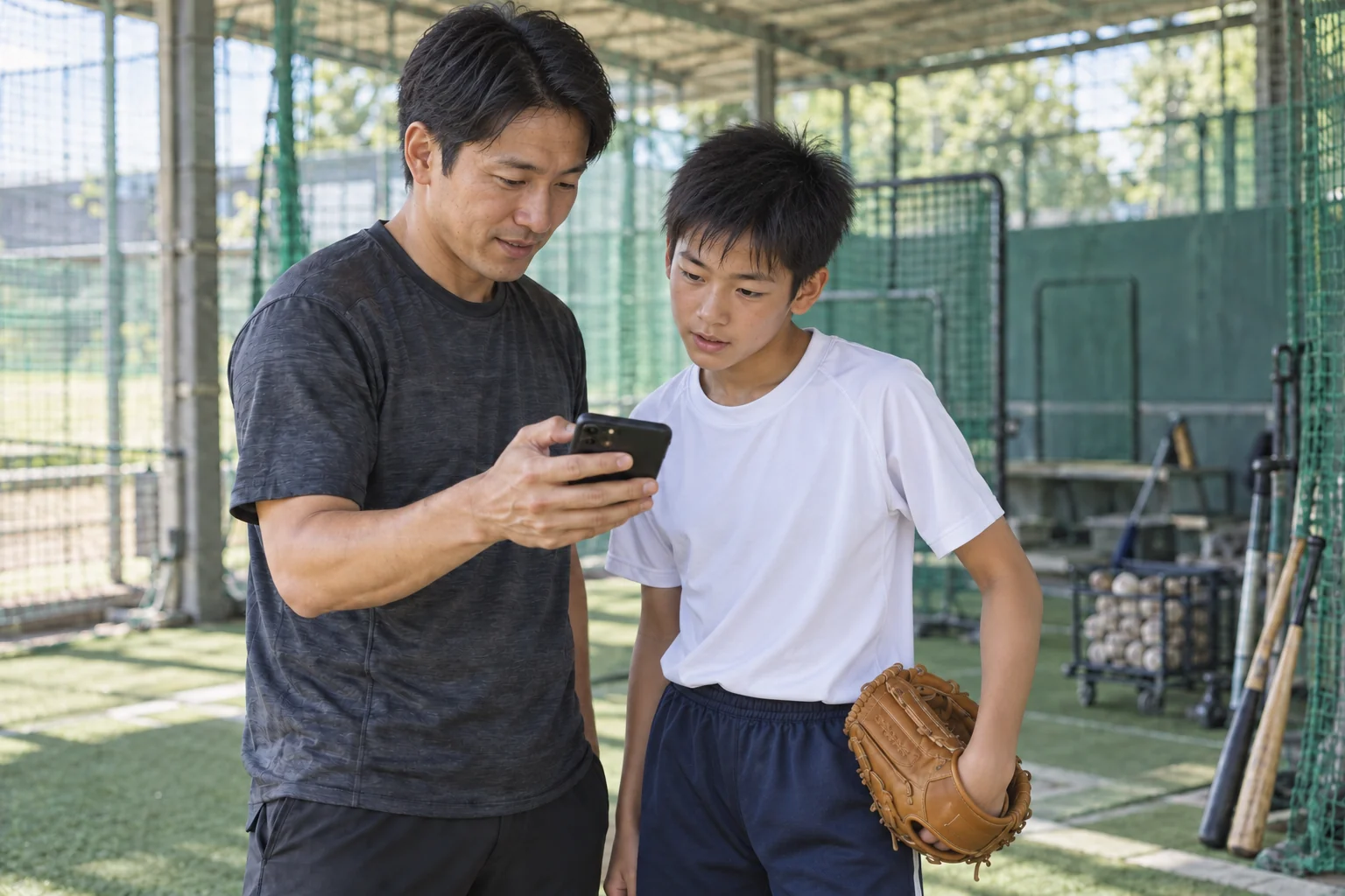 父親と息子が練習の合間にスマホで確認(利用イメージ)