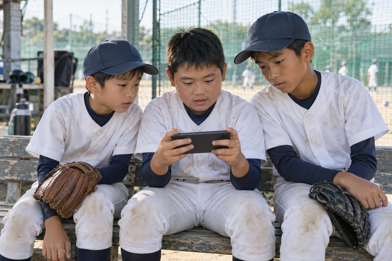 少年たちがグローブを手にスマホで確認(利用イメージ)