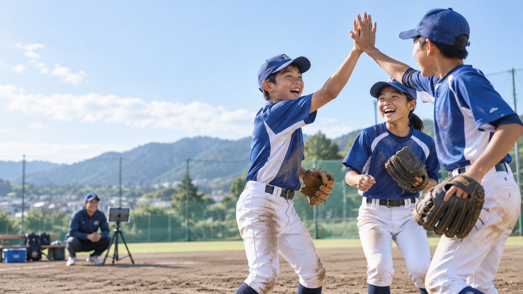 練習中に笑顔でハイタッチする子どもたち(利用イメージ)