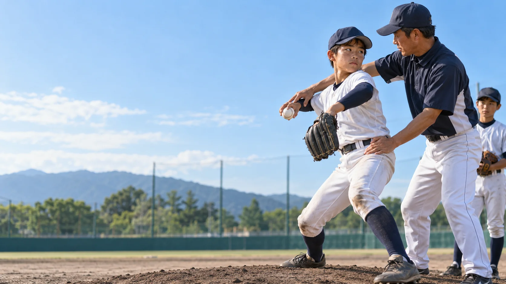 コーチが少年の投球フォームを確かめる（利用イメージ）