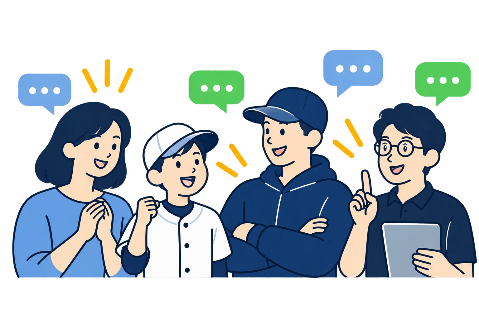 保護者、野球をする子ども、指導者、講師が笑顔で話すイラスト